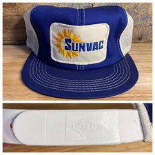 Vintage SunVac sweepers Patch Trucker Hat K brand Made in USA blue denim Cap Hat