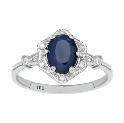 10k White Gold Vintage Style Genuine Oval Sapphire and Diamond Halo Ring