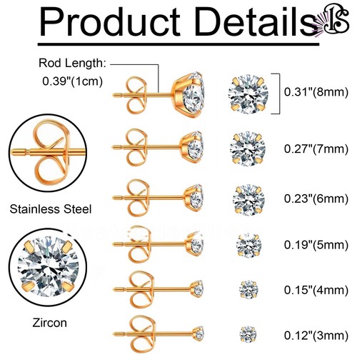 6 Pairs Stainless Steel Round Cubic Zirconia Stud Earrings Set for Men Women - Picture 43 of 46