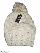 Chunky Knit Pom Pom Winter Hat Beanie W/ Gold Beads Jamont Headwear, Beige - NWT