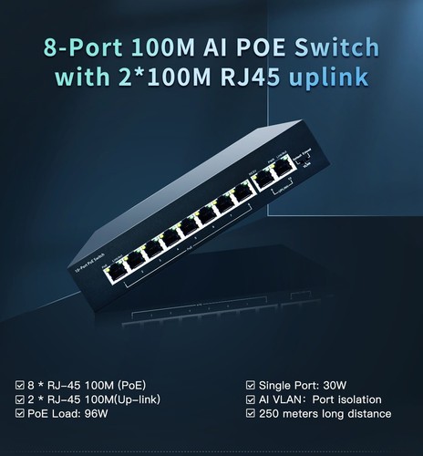 8 PORT 2 UPLINK 96W FAST Ethernet 10/100MBPS LAN NETWORK POE SWITCH - Picture 2 of 3