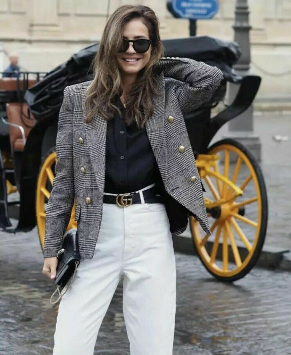 RARE ZARA HOUNDSTOOTH CHECKED GRAY DOUBLE BREASTED JACKET BLAZER EXTRA  SMALL XS