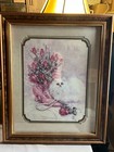 Home Interiors/Homco Pictures Frame Signed Long Haired White Cat W/Flowers