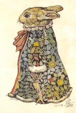 Japanese Postcard: Bunny Rabbit Wears Colorful Embroidered Robe - Yuko Higuchi