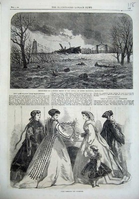 Original alter antiker Druck Wrack Holzbrücke Irwell Manchester 1866 Mode