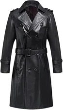 Men’s Long Black Genuine Leather Trench Coat Vintage Double-Breasted Belted Coat