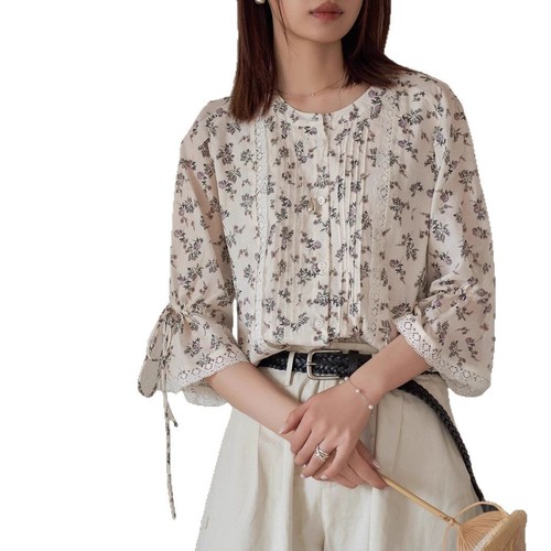 French Style Womens Floral Print 3/4 Sleeve Lace Splicing Cotton Shirt Button OL - Bild 6 von 12