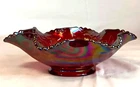 VTG Fenton Carnival Glass Bowl Red Iridescent Ruffled Rim Floral 8⅜" × 2⅜"