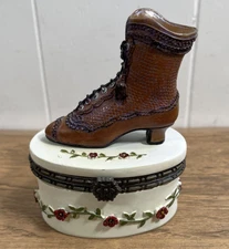 Vtg Resin Victorian High Heel Boot Shoe Hinged Oval Trinket Box