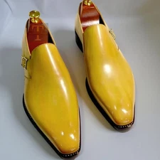 Turkish Handcrafted Yellow Patent Leather Slip on Monk Strap Formal Wear Shoes