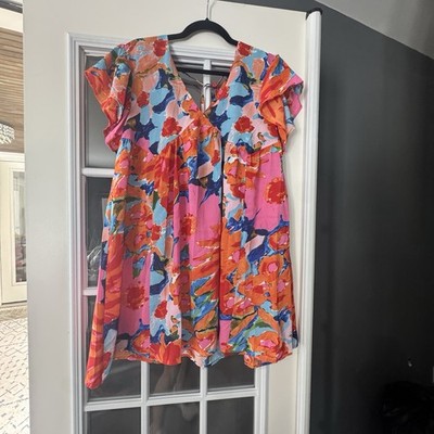 The Mint Colorful Abstract Flutter Sleeve Dress   Size M