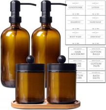 Bathroom Accessory Set 5 Pcs, 2 Pcs 16oz Amber Glass Soap Dispensers with Sta..