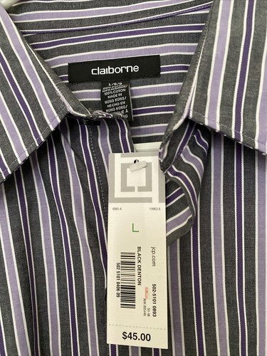 Claiborne Black Denton Mens longsleeve shirt Charcoal/ Purple /white Stripe NWT - Picture 3 of 6