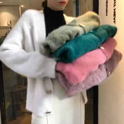 Damen Faux Mohair Strickpullover Cardigan Flauschig Pulli Mantel Strickwaren Warm