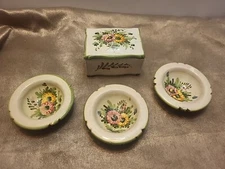 Vintage Made in Italy Pottery Trinket Box with Hand Painted Flowers & 3 Dishes