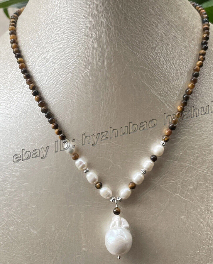 14-28"4mm Round Tiger's Eye Gem Beads White Baroque Keshi Pearl Pendant Necklace - Image 4 of 4