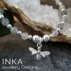 Inka 925 Sterling Silver & Grey Quartz bead Stacking Bracelet with a Bee charm