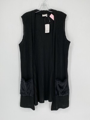 Simple Suzanne Betro Black Fur Pocket Open Sweater Cardigan