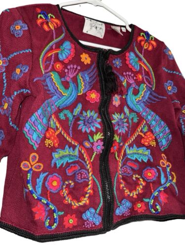 Michael Simon Vintage Jacket Sweater Sz S Embroidered Peacock Floral Full Zip - Picture 3 of 8