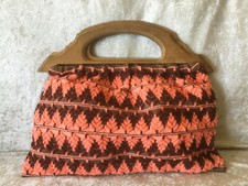 Vintage Handmade Knitted Fabric  Lined Handbag w/ Wooden Handle Salmon  Brown