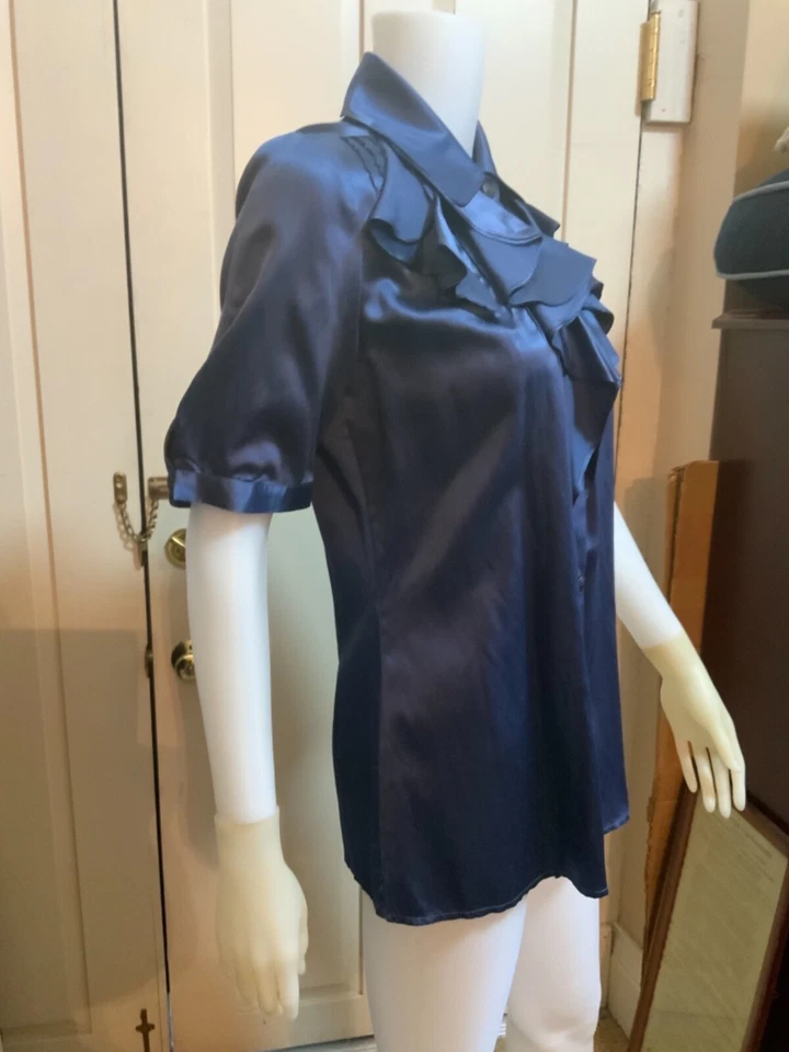 WALTER Blue Silk Blend Blouse Ruffled Front Button Down Blouse 4 S Small - Image 2 of 4