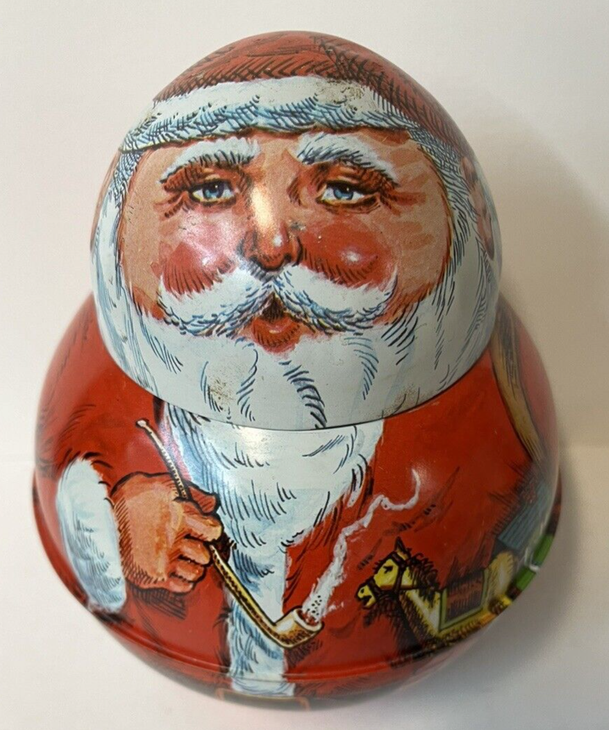 Vintage Christmas 1980 Santa Chein Metal Roly Poly Candy/Tobacco Tin USA