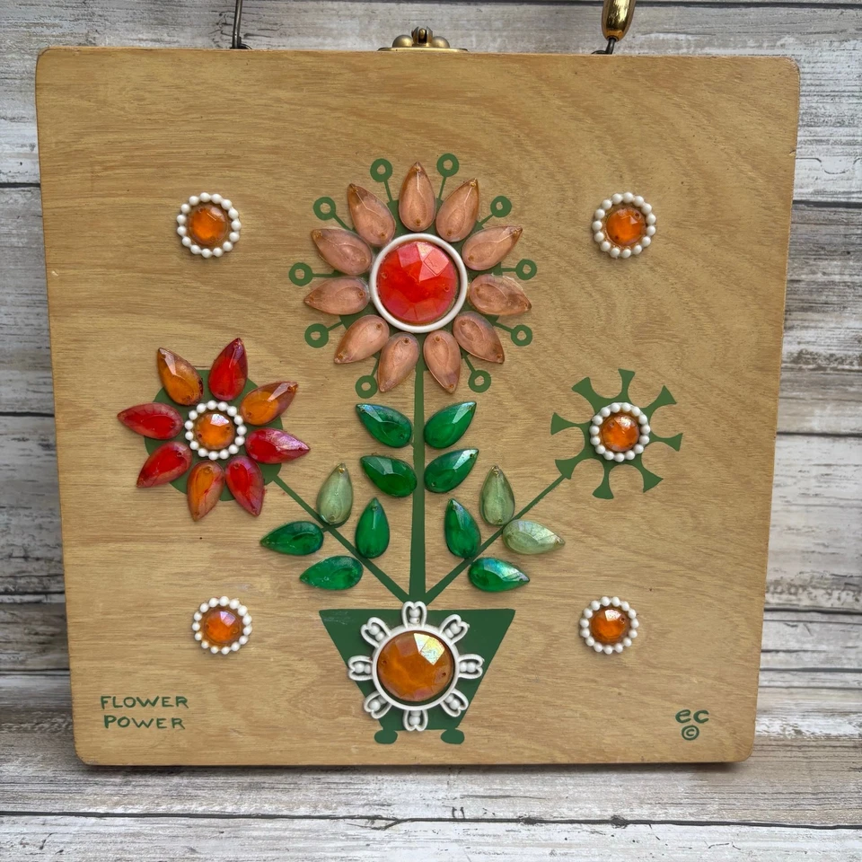 De Colección Enid Collins de Texas Caja de Madera Monedero Joyas Flower Power Naranja Artístico Foto 2 de 4