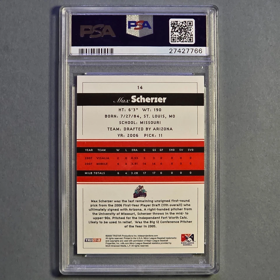 Tristar Projections #14 Max Scherzer 2008 radiocontrol novato PSA 10 GEMA como nuevo Foto 2 de 2