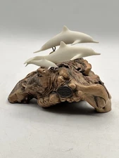John Perry Dolphin Family Of 3 Sculpture White Resin Pod On Burlwood With Baby