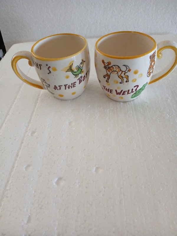 2 Nasco 1950's Mystery Mug What's At The Bottom Of The Well Fish and Duck