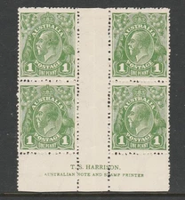 1918 KGV LMW 1d GREEN "RARE" HARRISON 2 LINE IMPRINT BLOCK "4" BW 78(3)Z $450.00