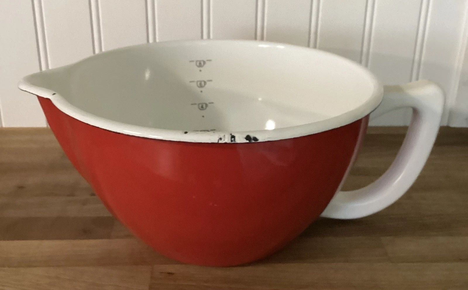 Vintage Red And White Enamel Clad Metal Batter Bowl With Handle 8 Cup