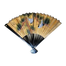 Vintage Asian Fan Hand Painted Birds, Gilded Gold,  Large Fold Out Fan, Wall Art