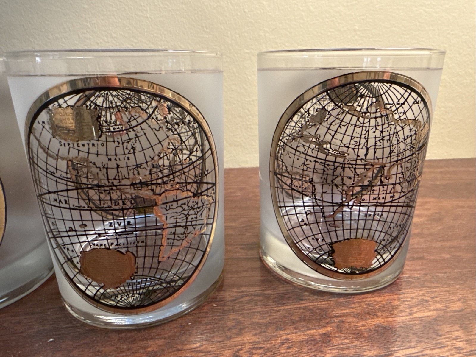 4 VINTAGE Culver 22K Globe ORBIS GEOGRAPHICA Gold Double Old Fashion Glasses box