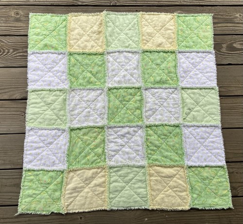 New Handmade Sweet Pea Rag Quilt Crib Baby Blanket Green Yellow White 33x33 - Picture 1 of 4