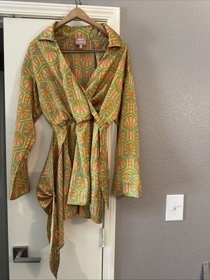 Show Me Your Mumu Clara Dress Palm Deco Satin Long Sleeve Wrap Shift S