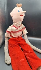 Vtg  Cloth Rag Doll w/ Embroid. Pinocchio Face Fabric Body Dressed in Red w/ Hat