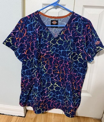 Dickies Patterned Multicolor Blue Scrub Top V-Neck Size L Medical