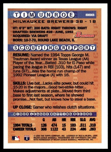 1995 Bowman Gold Foil Tim Unroe New York Yankees #226 - Picture 2 of 2