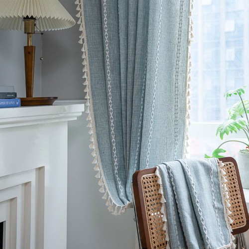 Rustic Striped Embroidered Curtain Window Drapes Panel Farmhouse Boho Home Decor - Picture 43 of 53