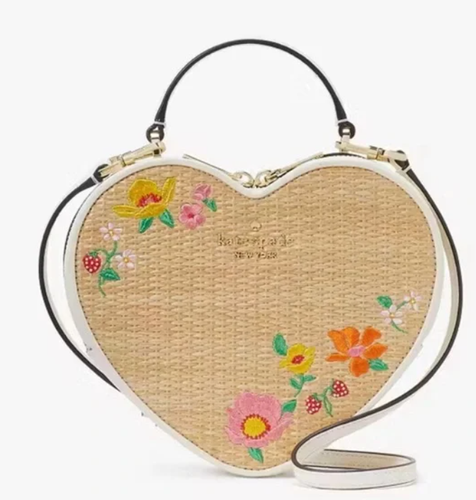 Kate Spade Love Shack Rattan Heart Crossbody Flowers Embroidered Meringue Multi.