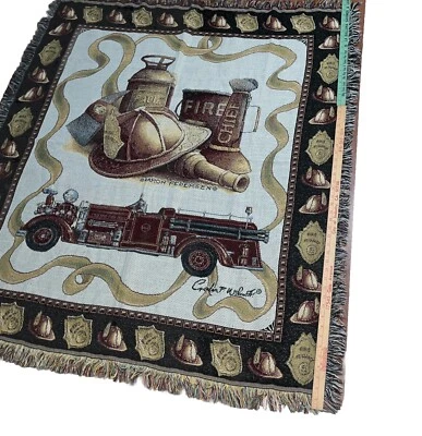 Firetruck Fire Chief Tapestry Throw Blanket Firefighter 56”x50” Fringe Woven - Image 1 of 4