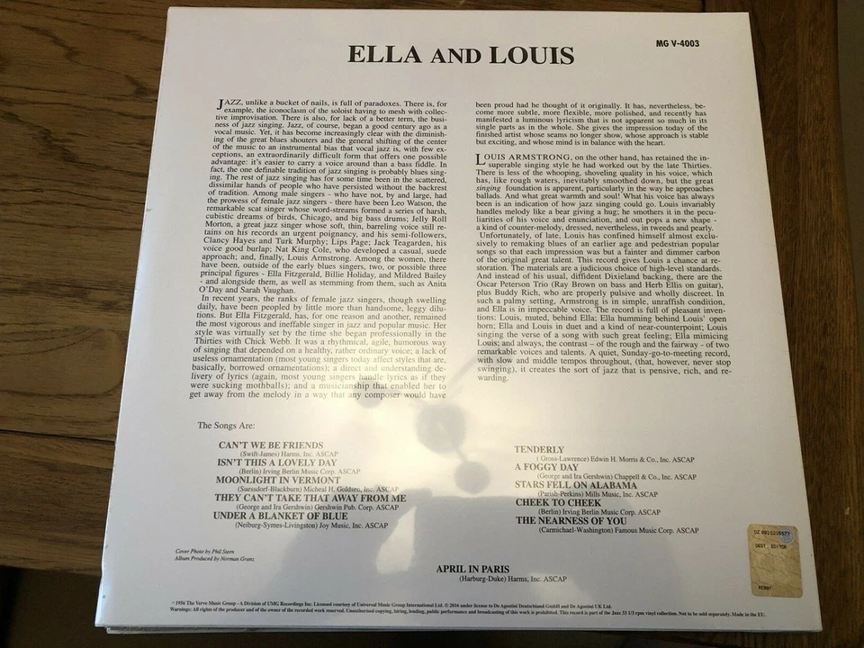 DeAGOSTINI MINT VINYL LP ELLA FITGERALD / LOUIS ARMSTRONG  VERVE MG V-4003 JAZZ  - Image 2 of 3