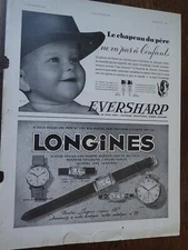 LONGINES + EVERSHARP + MARIE BRIZARD + DEVILLE paper advertising ILLUSTRATION 1935