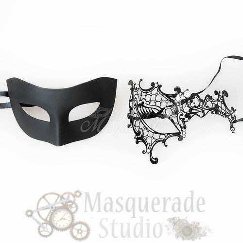 Couples Black Minimalist and Black Phantom Costume Party Masquerade Mask Set - Picture 5 of 5