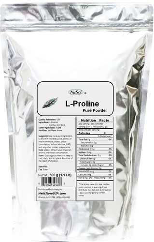 NuSci Pure L-Proline Powder 500g (1.1lb) Componente de colágeno USP - Imagen 1 de 6