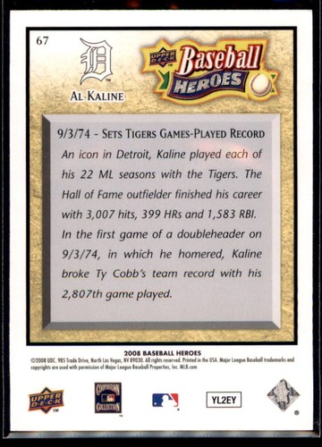 2008 Upper Deck Baseball Heroes #67 Al Kaline - Picture 2 of 2