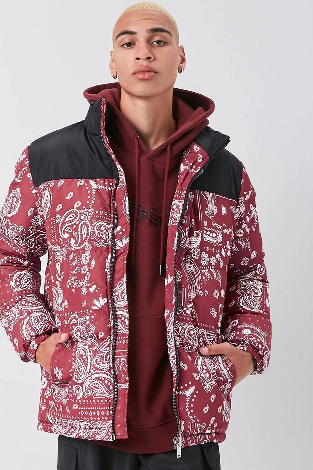 Paisley print pattern red puffer jacket coat men's size XL winter puffy floral