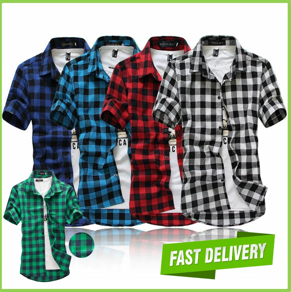 Camisas de Hombre Manga Corta Moda de Vestir Camisa Formal de Cuadros  Hombre New