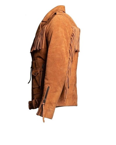 Mens Brown Suede Leather Fringe Jacket, Mens Vintage Western Style Fringe Jacket - Picture 3 of 5